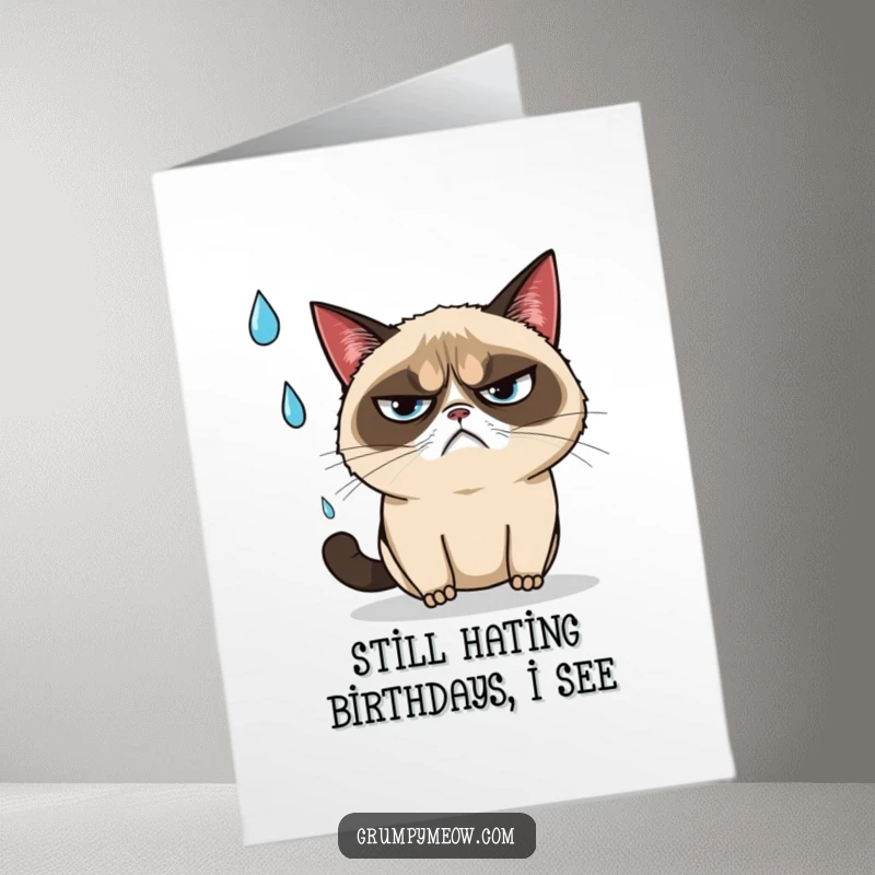 Funny Free Printable Birthday Card: Grumpy cat annoyed, narrowly dodging a falling raindrop with a sigh.