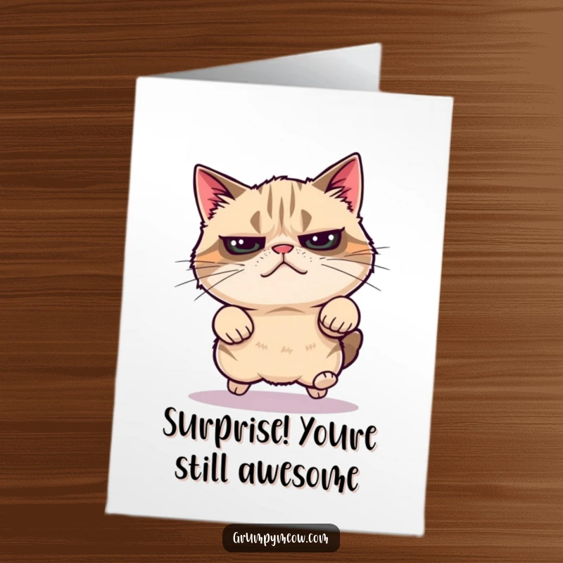Funny Free Printable Birthday Card: Grumpy cat mid-air, leaping with surprising velocity and a determined look.