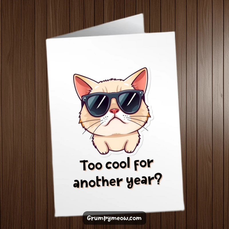 Funny Free Printable Birthday Card: Grumpy cat in sunglasses looks away rudely, radiating aloof birthday cheer.