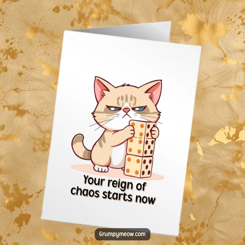 Funny Free Printable Birthday Card: Grumpy cat about to knock over a domino tower with a mischievous grin.