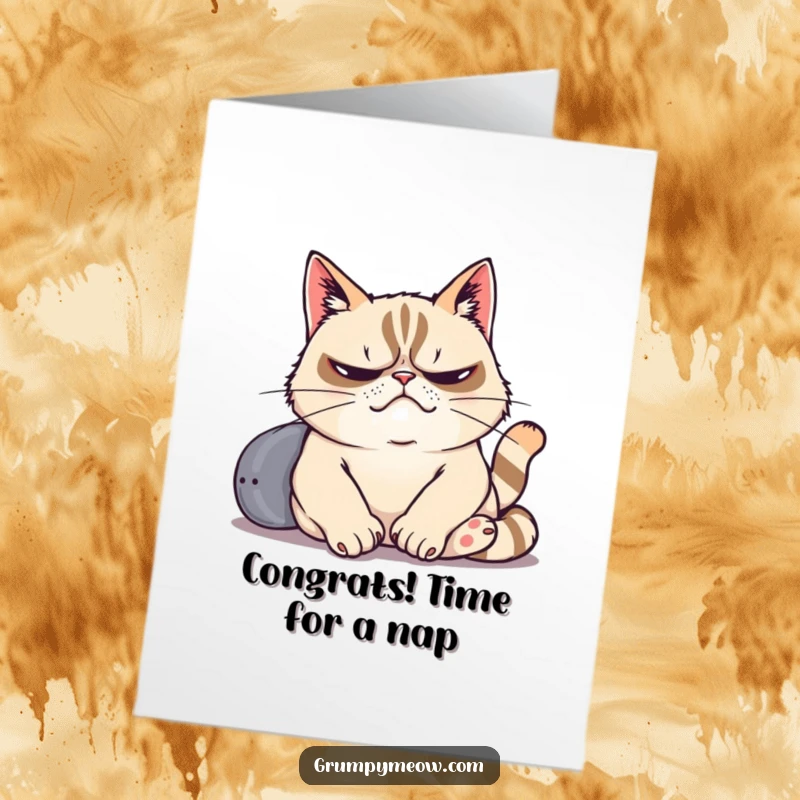 Funny Free Printable Congrats Card: Grumpy cat sighs dramatically while lounging, conveying congratulations with an epic exhale.