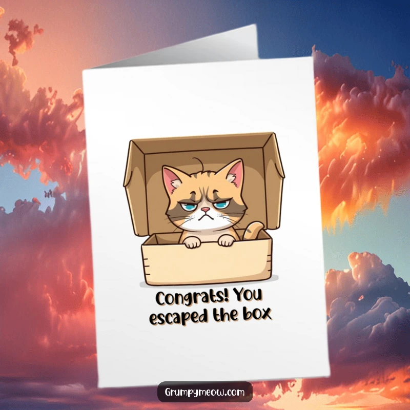 Funny Free Printable Congratulations Card: Grumpy cat looks utterly unimpressed while sitting inside a plain brown box.