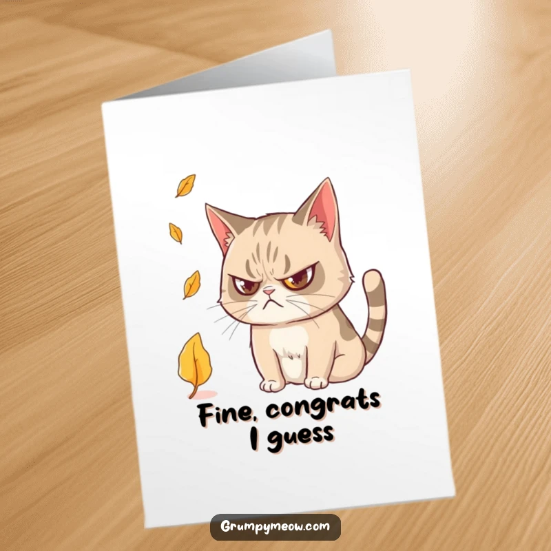 Funny Free Printable Congratulations Card: A grumpy cat's eyes narrow with intrigue at a falling leaf.