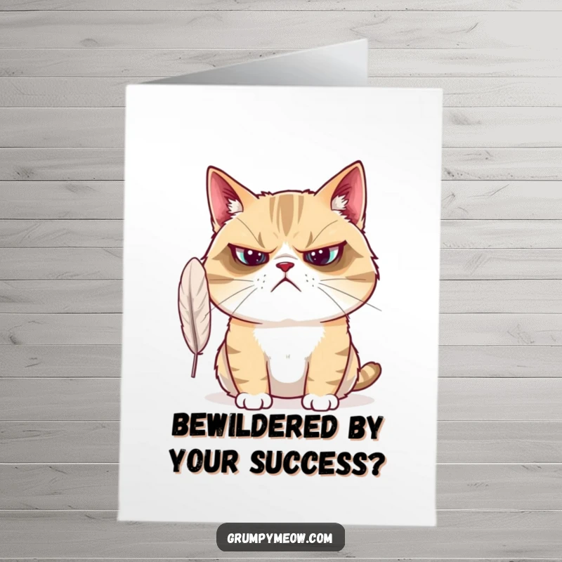Funny Free Printable Congratulations Card: A grumpy cat stares, completely bewildered, at a feather dancing in the air.