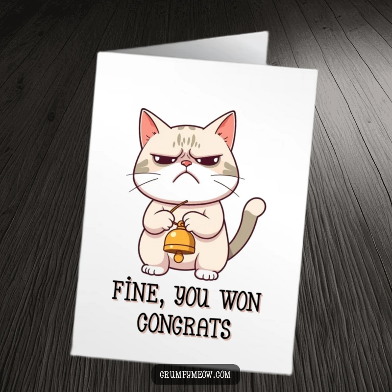 Funny Free Printable Congratulations Card: A grumpy cat reluctantly playing with a bell, conveying begrudging congratulations.