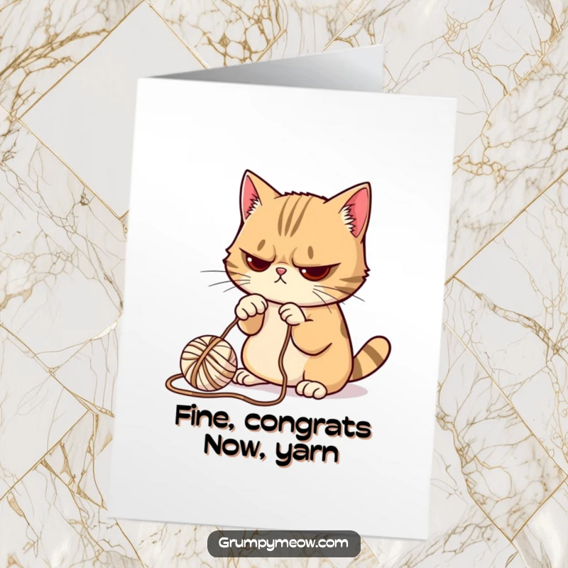 Funny Free Printable Congratulations Card: Grumpy cat bats a ball of yarn with a paw, looking unimpressed.