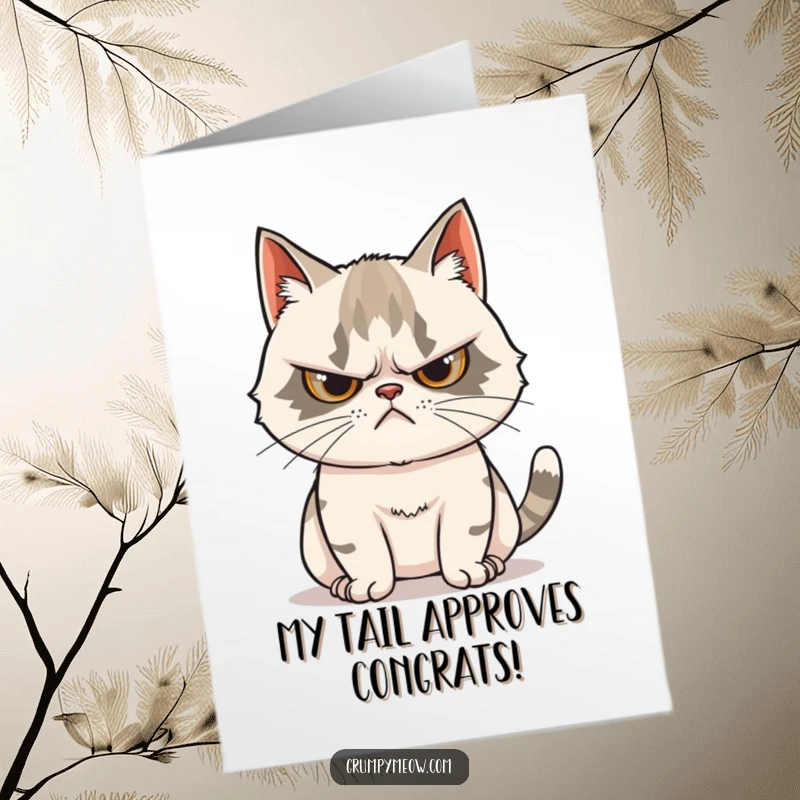 Funny Free Printable Congratulations Card: Grumpy cat scowls, tail twitching with subtle curiosity about the news.