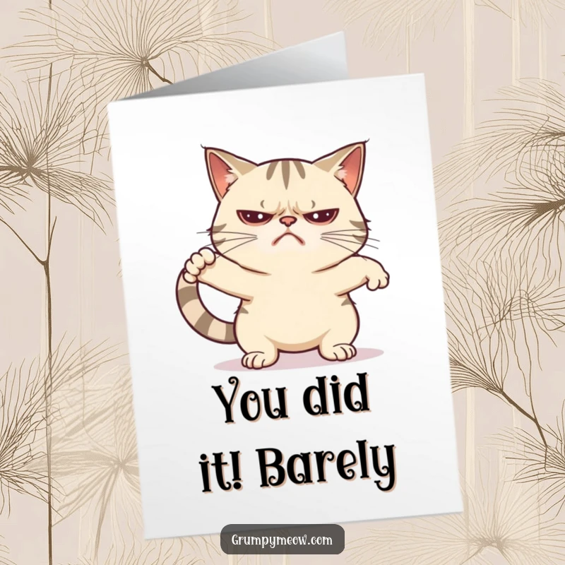 Funny Free Printable Congratulations Card: Grumpy cat stretching with zero enthusiasm, barely acknowledging your big news.
