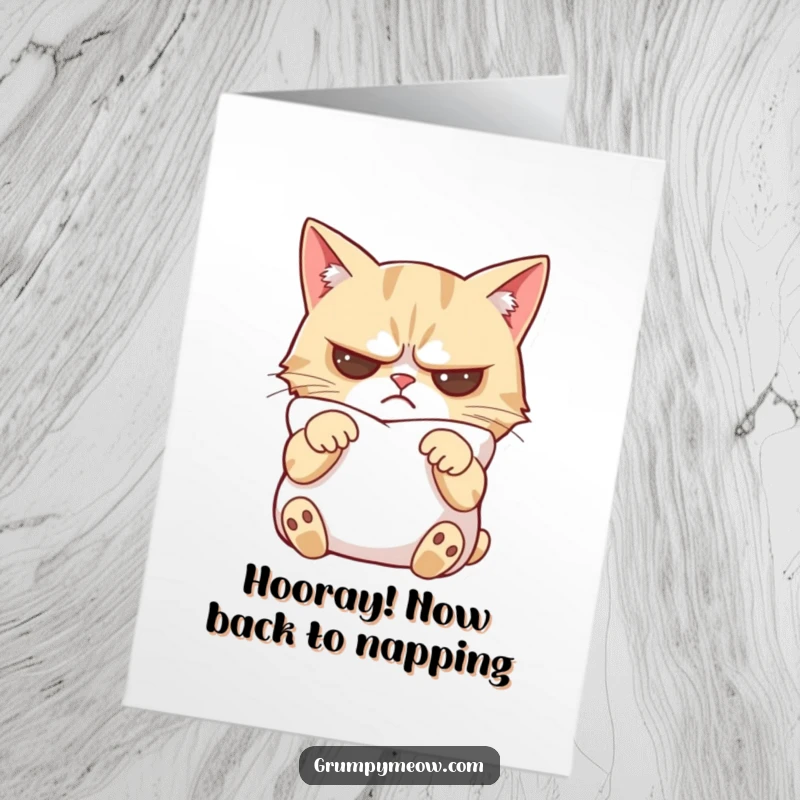 Funny Free Printable Congratulations Card: Grumpy cat on a pillow, paws crossed, looking surprisingly content for a moment.