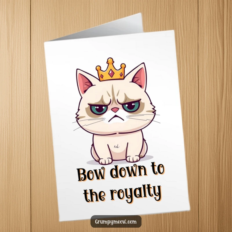Funny Free Printable Congratulatory Card: Grumpy Cat wearing a tiny crown with a resigned sigh, celebrating success with a touch of ennui.
