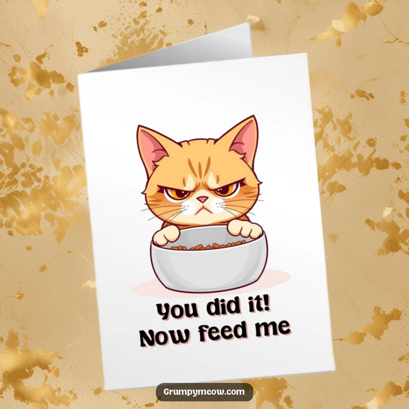 Funny Free Printable Congratulations Card: A grumpy cat skeptically eyes an empty food bowl, unconvinced by your success.