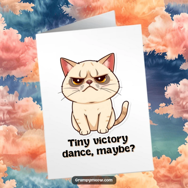 Funny Free Printable Congratulations Card: Grumpy cat showing a tiny, almost unnoticed tail movement, signifying mild approval.