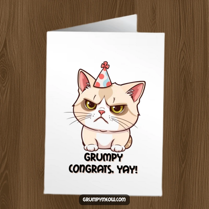 Funny Free Printable Congratulations Card: Grumpy cat comically wearing a tiny party hat askew, a sarcastic downloadable gift.