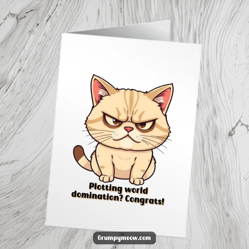 Funny Free Printable Congrats Card: Grumpy cat with narrowed eyes schemes, perfect for celebrating any occasion.