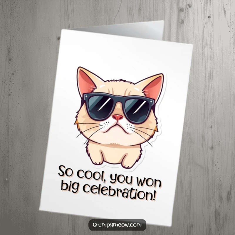Funny Free Printable Congrats Card: Grumpy cat wearing sunglasses looks away rudely, a cool congratulatory gesture.