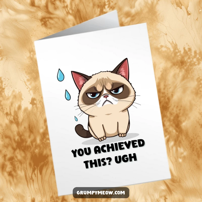 Funny Free Printable Congrats Card: Grumpy cat annoyed, dodging raindrop, celebrating perseverance.