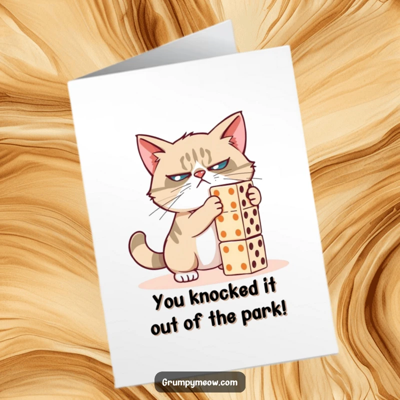 Funny Free Printable Congratulations Card: Grumpy cat looking smug as dominoes tumble nearby.