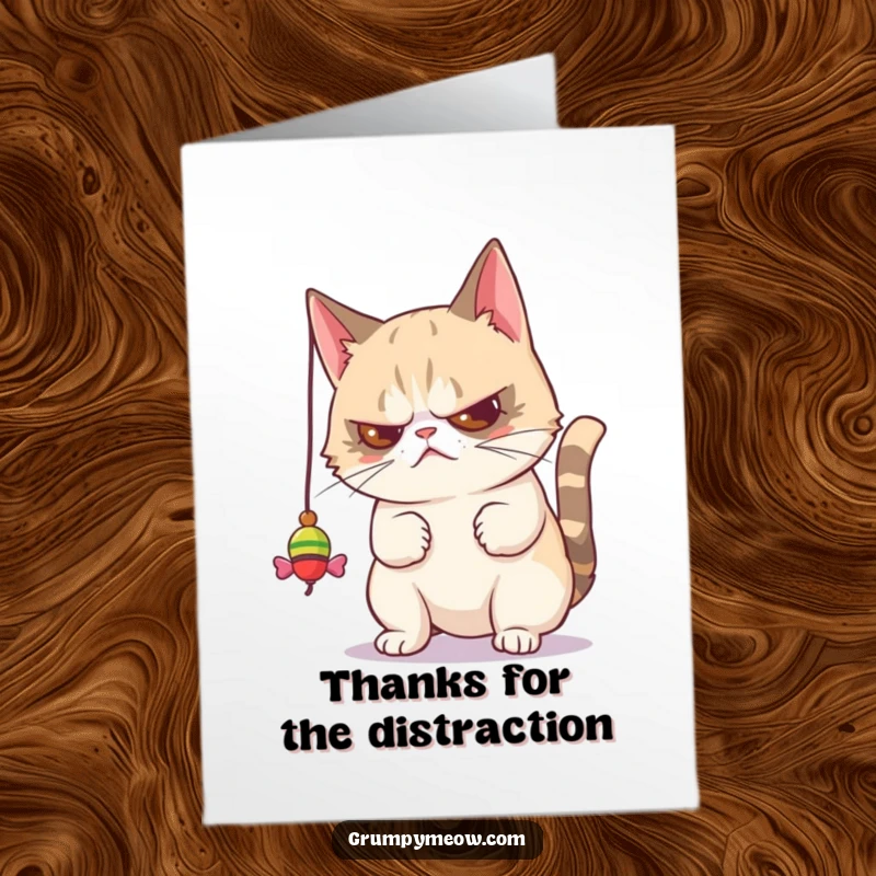 Funny Free Printable Thank You Card: Grumpy cat playing with a toy, showing utter disdain, yet somehow saying thanks.