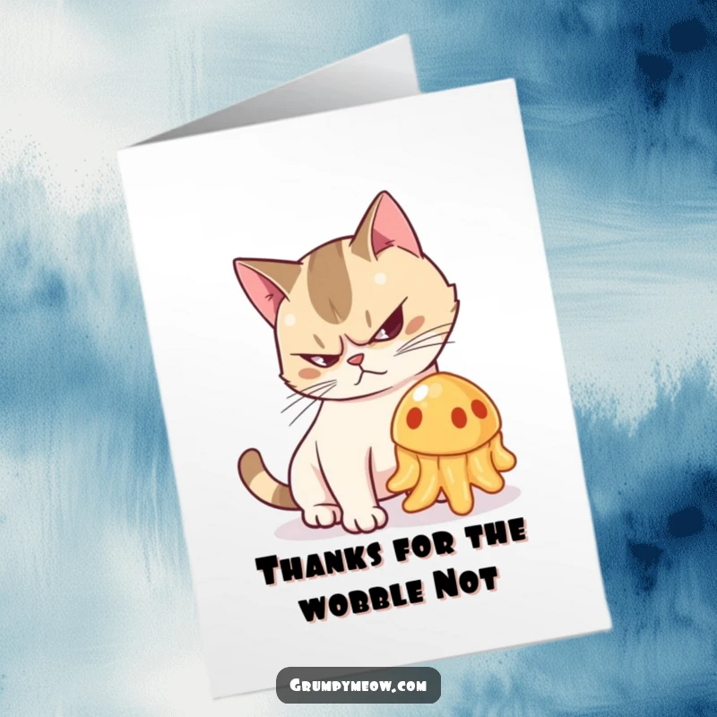 Funny Free Printable Thank You Card: A grumpy cat arches its back, hissing at a wobbling jelly, clearly prioritizing the gelatinous threat.