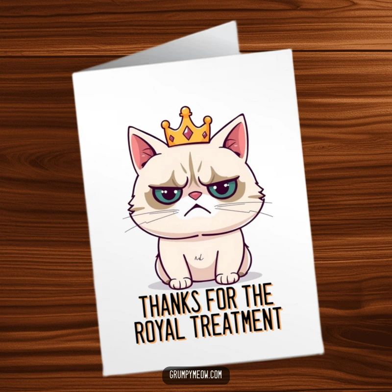 Funny Free Printable Thank You Card: Grumpy Cat wearing a tiny crown with a resigned sigh, conveying gratitude with regal weariness.