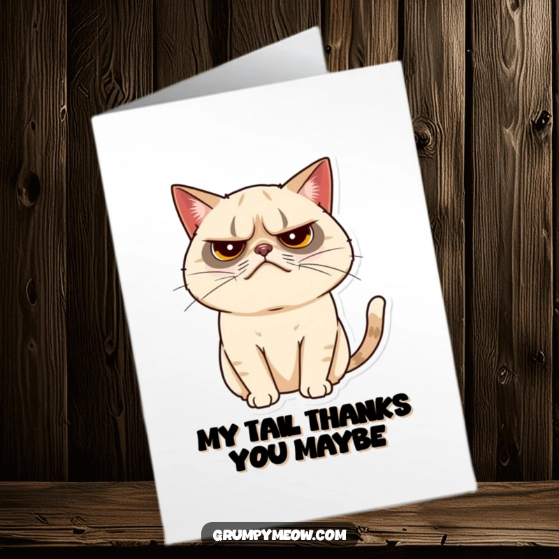 Funny Free Printable Thank You Card: Grumpy cat with a minuscule tail twitch, conveying a very reserved sense of thanks.