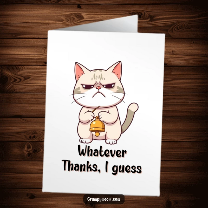 Funny Free Printable Thank You Card: A grumpy cat forced to play with a bell, expressing reluctant thanks.
