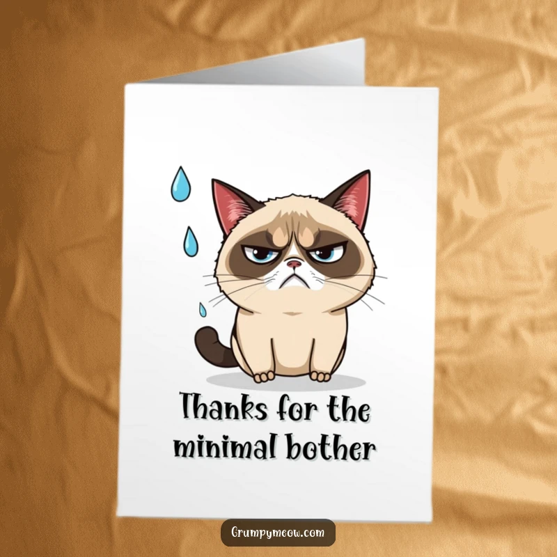 Funny Free Printable Thank You Card: Grumpy cat annoyed, dodging a raindrop, expressing thanks.