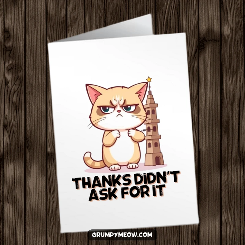 Funny Free Printable Thank You Card: A grumpy cat giving a sideways glance, judging a poorly built wobbly tower.