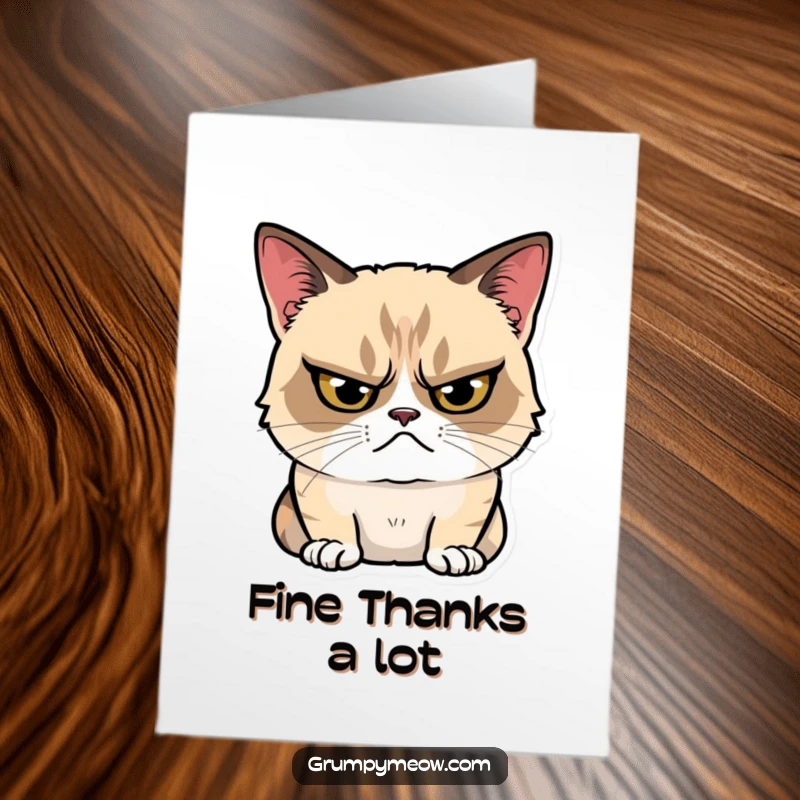 Funny Free Printable Thank You Card: Grumpy cat glaring with a tiny, barely visible smile forming.