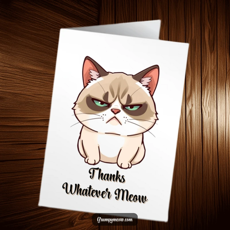 Funny Free Printable Thank You Card: A grumpy cat slowly blinks, conveying a begrudging thank you.