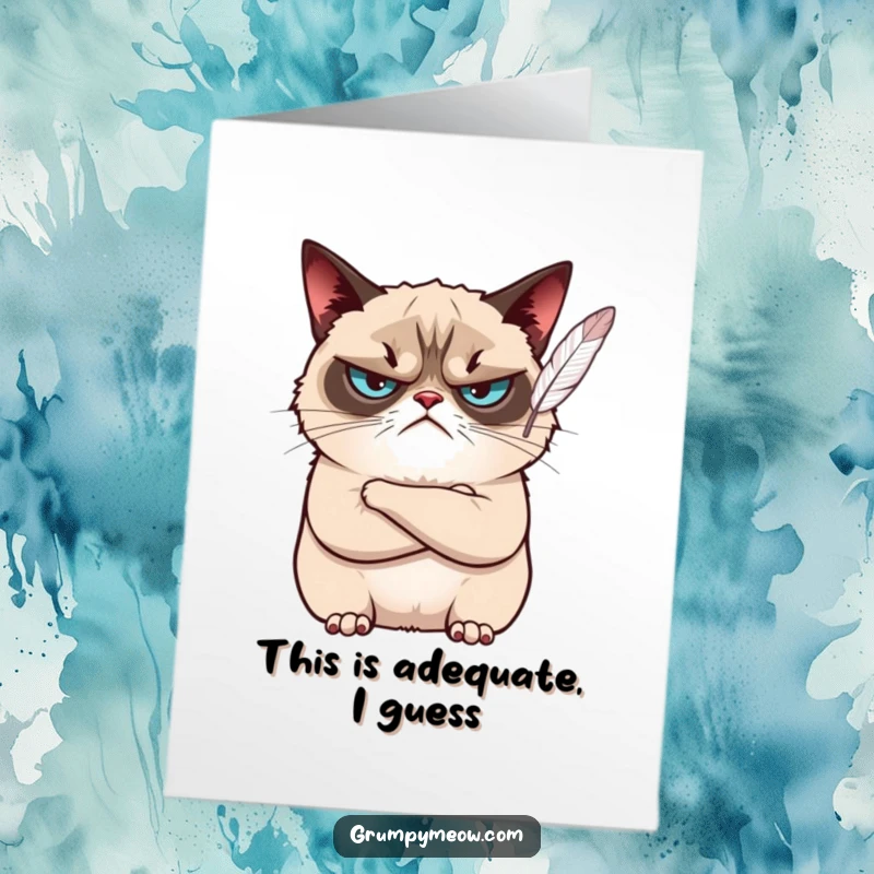 Funny Free Printable Thank You Card: Grumpy cat with crossed arms, unimpressed by feather, saying thank you.