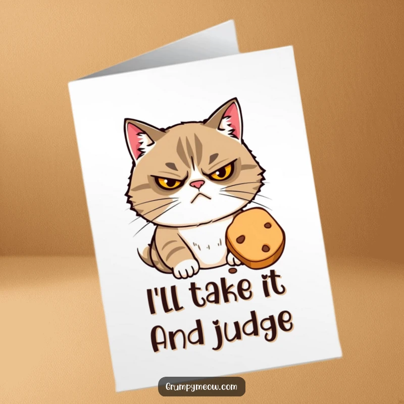 Funny Free Printable Thank You Card: Grumpy Cat with narrowed eyes suspiciously eyeing a tempting treat, conveying a unique thank you.