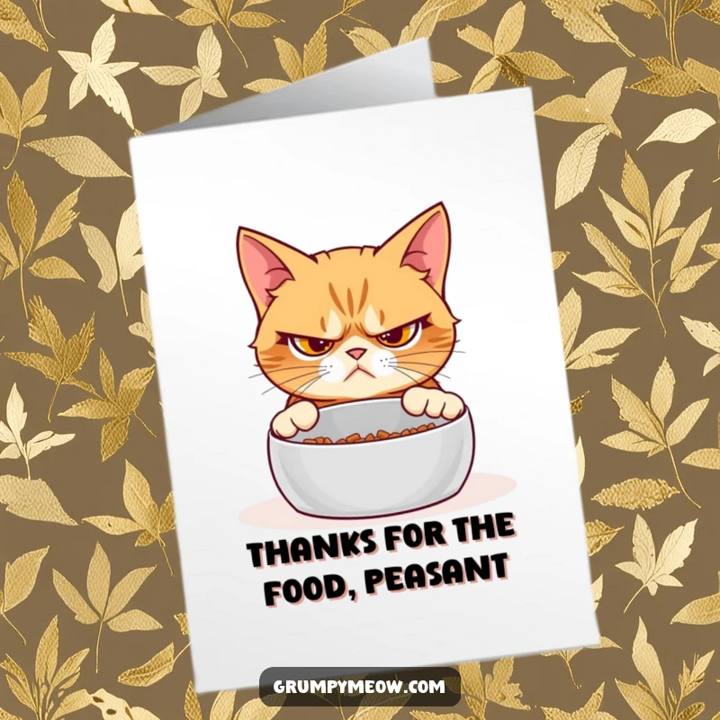 Funny Free Printable Thank You Card: A grumpy cat skeptically looks at an empty food bowl, questioning your motives.