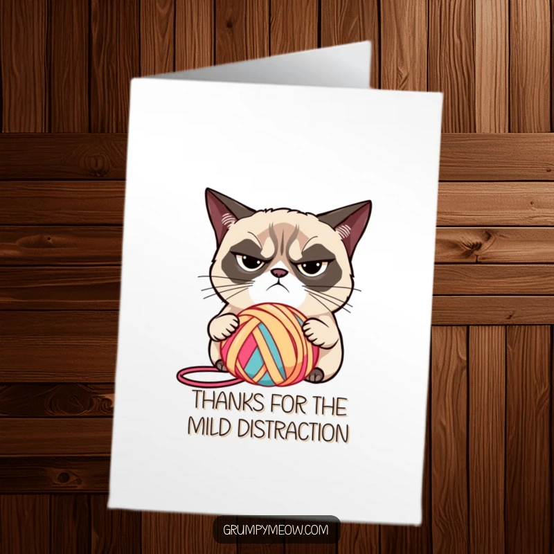 Funny Free Printable Thank You Card: Grumpy cat with narrowed eyes judges a brightly colored ball of yarn.