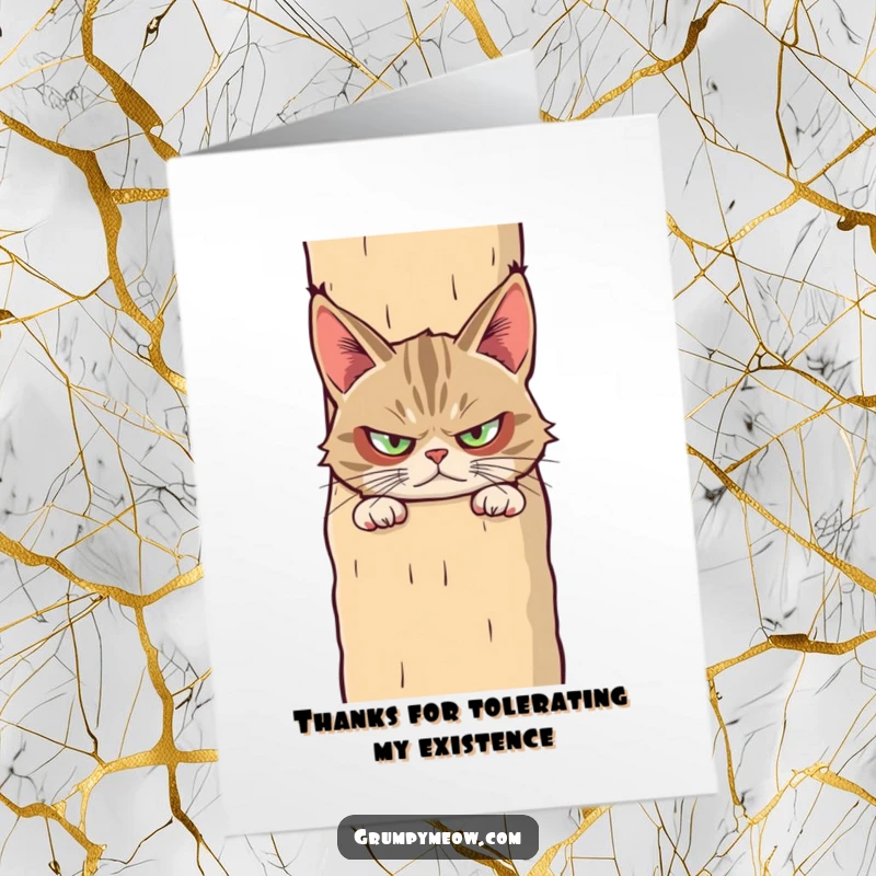 Funny Free Printable Thank You Card: Grumpy Cat peeking suspiciously from behind a giant scratching post, conveying a unique thanks.