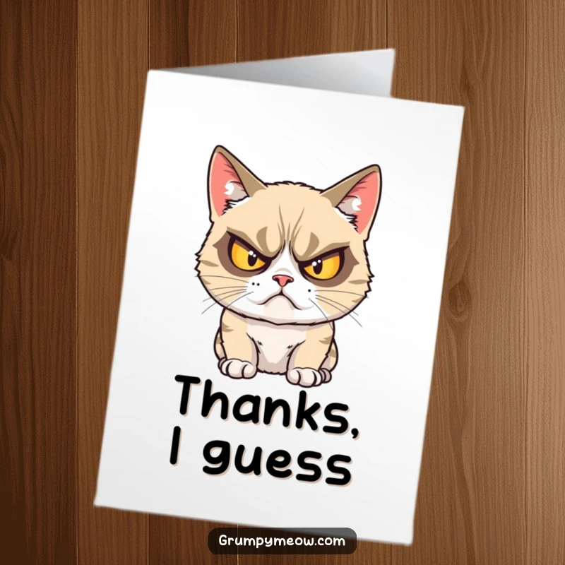Funny Free Printable Thank You Card: A grumpy cat glares with exaggerated crossed eyes, offering a reluctant and humorous thank you.