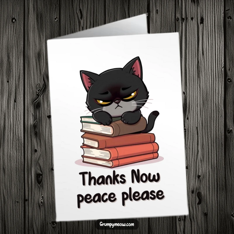 Funny Free Printable Thank You Card: A scowling black cat attempts a nap on unsteady books, clearly unenthusiastic about saying thanks.