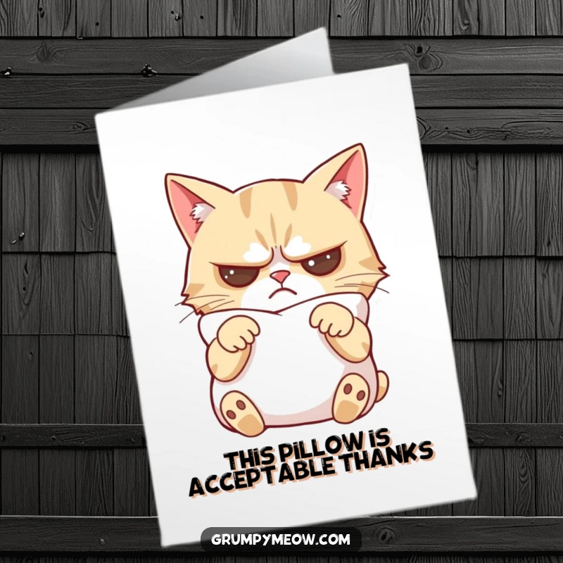 Funny Free Printable Thank You Card: Grumpy cat resting on a pillow, paws crossed, indicating mild contentment.