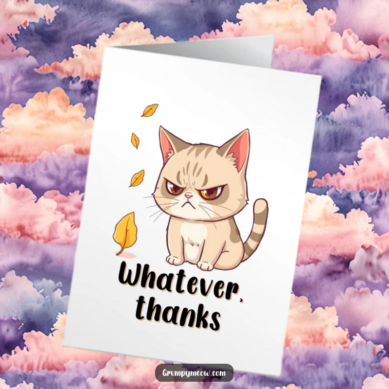 Funny Free Printable Thank You Card: A grumpy cat stares intently, intrigued by a falling leaf.