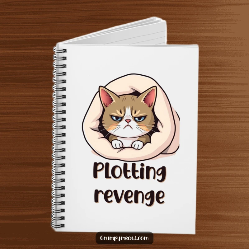 Funny grumpy cat notebook, peeking from under a blanket with a frown, ideal for capturing grumpy thoughts.