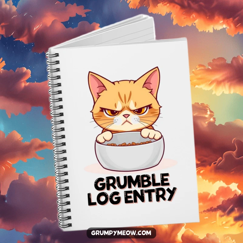 Funny grumpy cat notebook, skeptical expression, empty food bowl, note-taking, journaling, humorous stationery, cat owner gift.