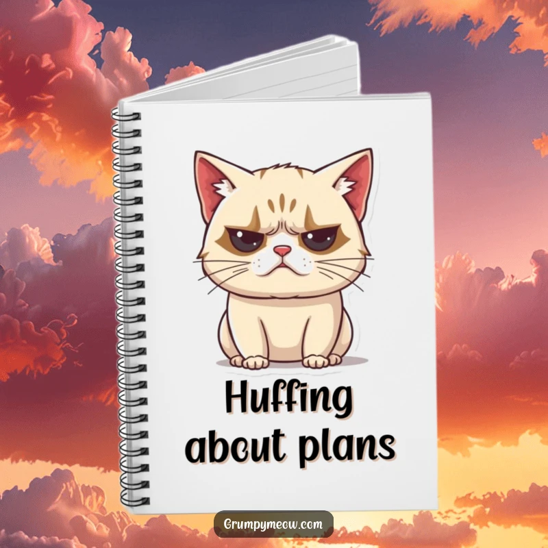 Funny grumpy cat notebook, unimpressed huff sound, exhaling, vocal disapproval, journaling, stationery, humorous gift.