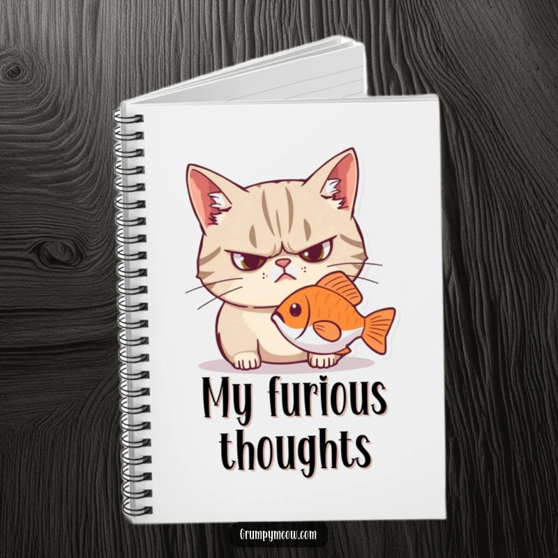 Funny grumpy cat notebook, frown, intense stare at fish, journal for jotting down humorous thoughts and plans.