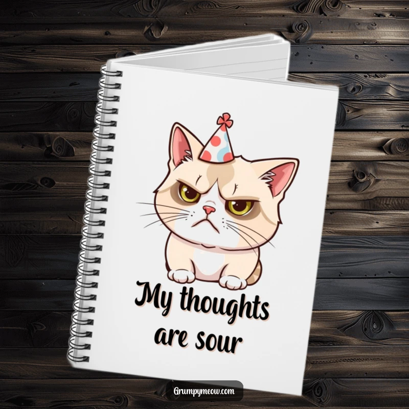 Funny notebook cover featuring a grumpy cat comically wearing a tilted party hat, designed for capturing reluctant thoughts.