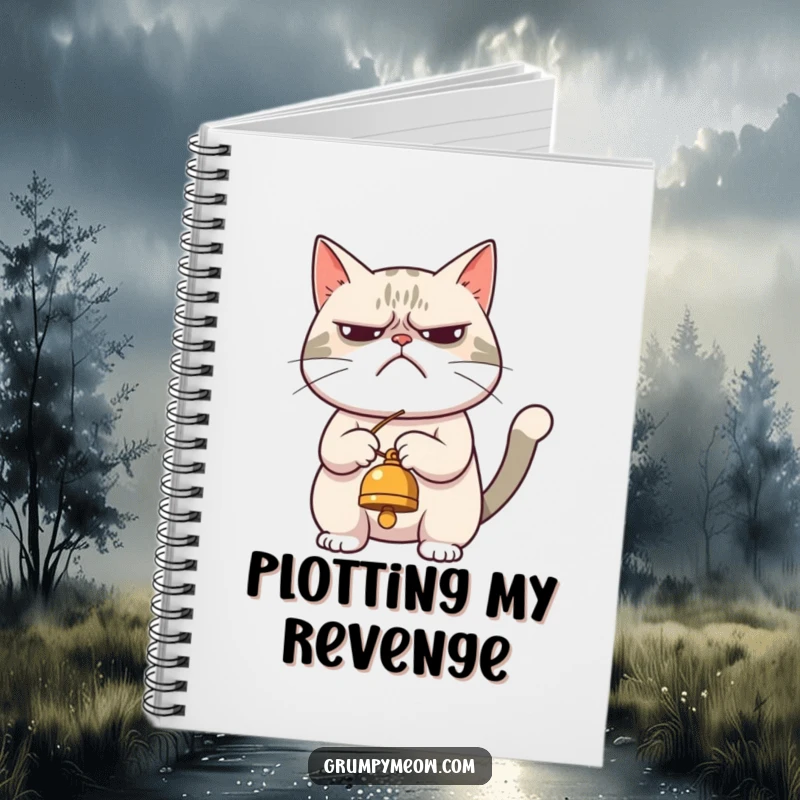 Funny notebook featuring a grumpy cat begrudgingly playing with a bell, perfect for jotting down thoughts with a side of sarcasm.