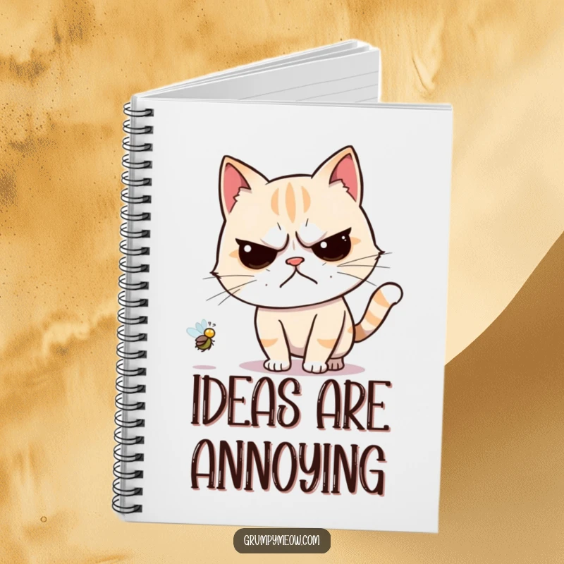 Funny notebook with a grumpy cat reluctantly chasing a buzzing fly, perfect for journaling humor.
