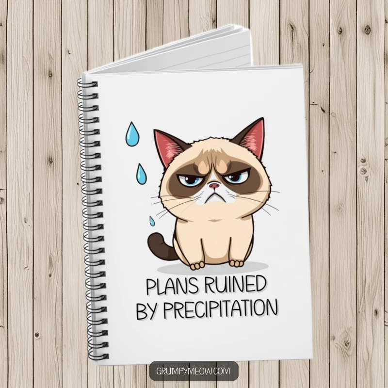 Funny grumpy cat narrowly dodging a falling raindrop with an annoyed sigh on a notebook, for jotting notes, a funny gift.