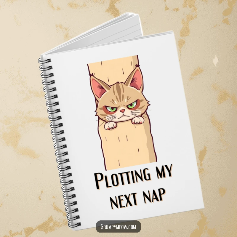 Funny notebook with a grumpy cat peeking suspiciously from behind a large scratching post, ideal for note-taking with attitude.