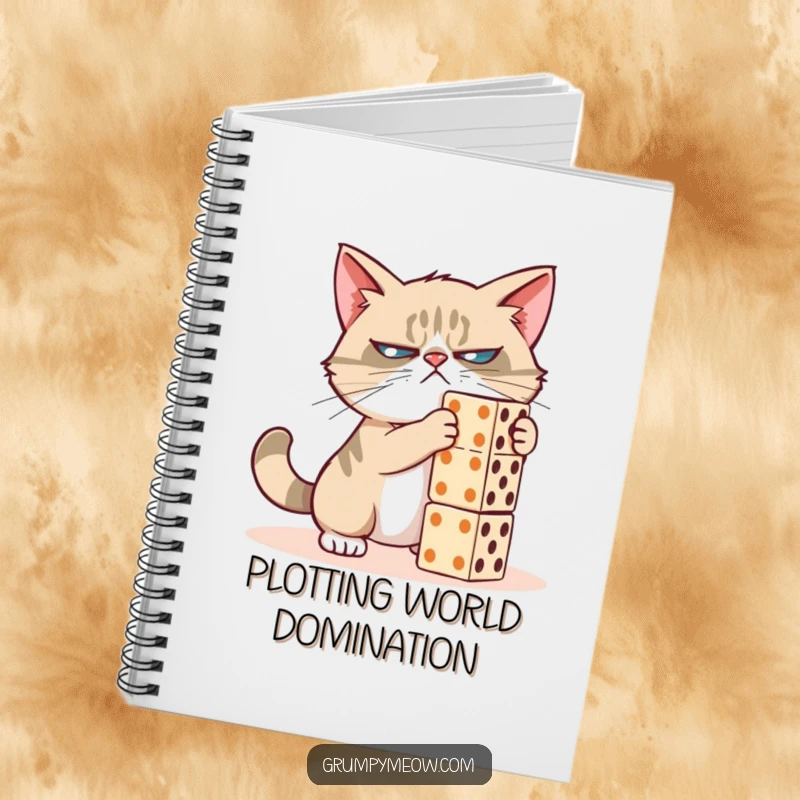 Funny grumpy cat notebook, focused on pushing dominoes, symbolizing organized chaos, a perfect funny gift for note-takers.