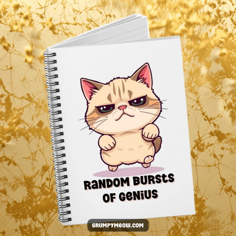 Funny grumpy cat notebook, mid-leap with energy, symbolizing spontaneous action, a perfect funny gift for note-takers.